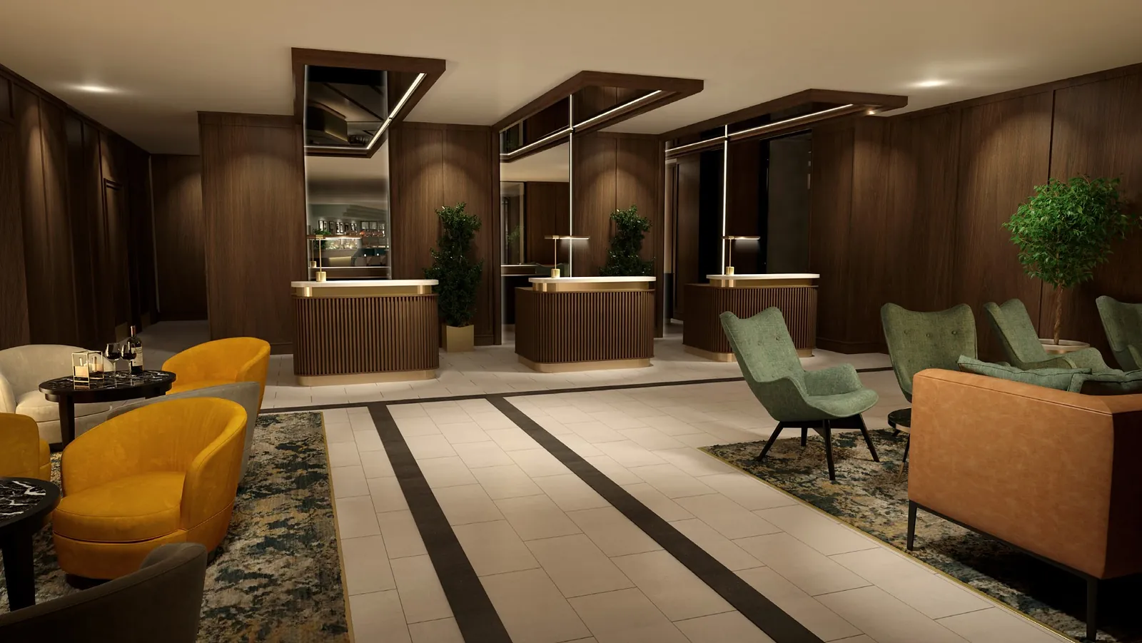 Crow Wood reception desks in fluted walnut with mirrored bulkheads