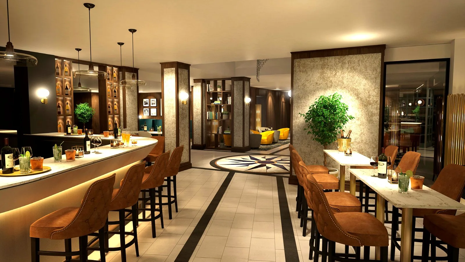 Cocktail bar with marble worktop, compass floor inlay and bespoke joinery