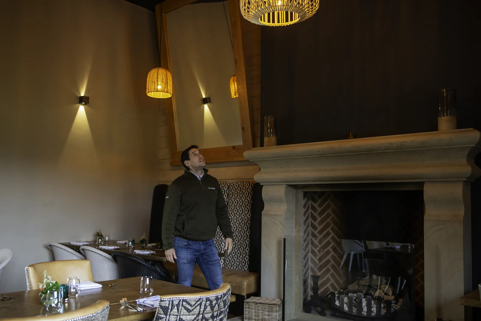 Ye Horns Inn dining room with the restored stone fireplace