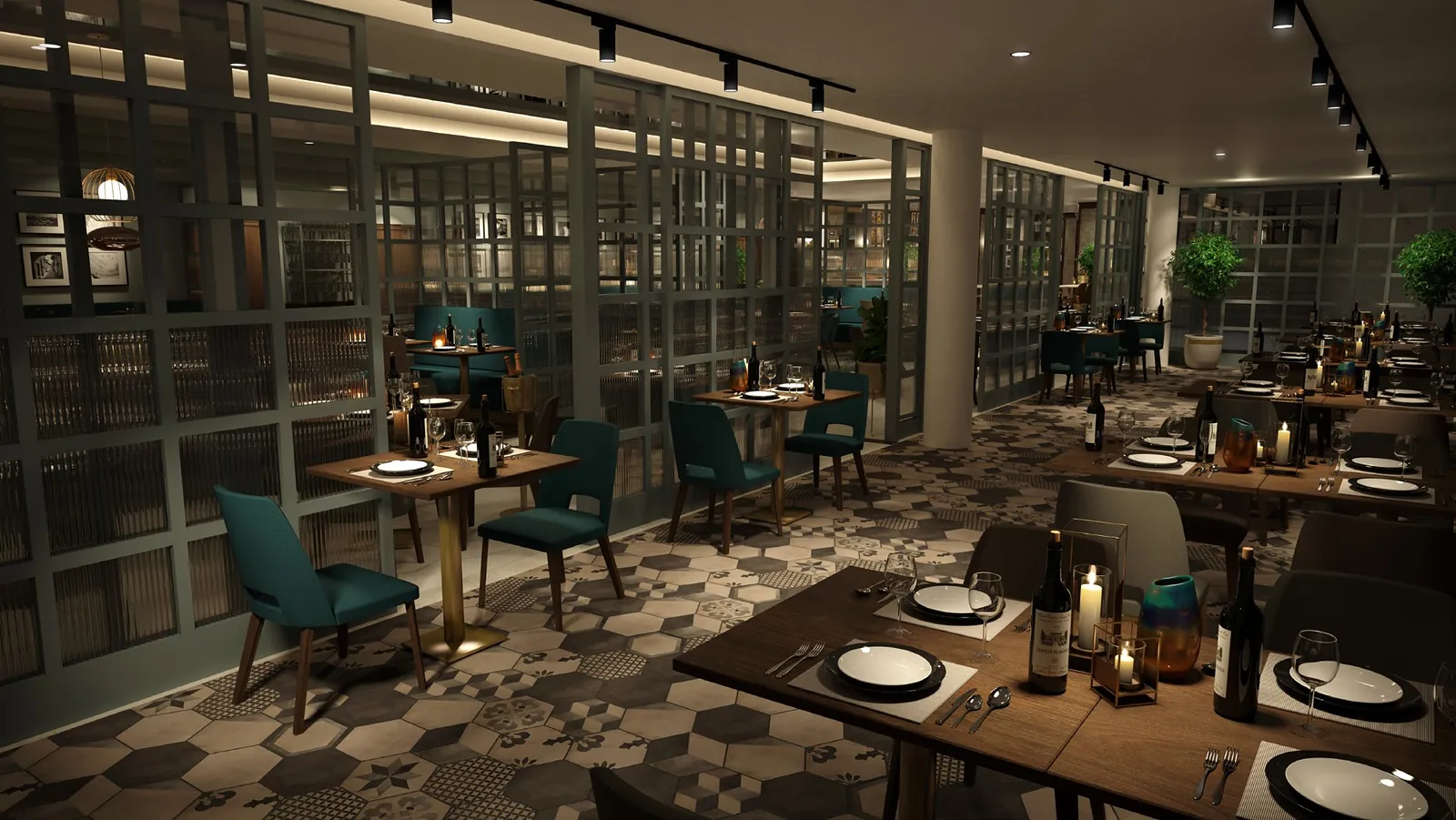 Restaurant, glazed screens and patterned floor tiles