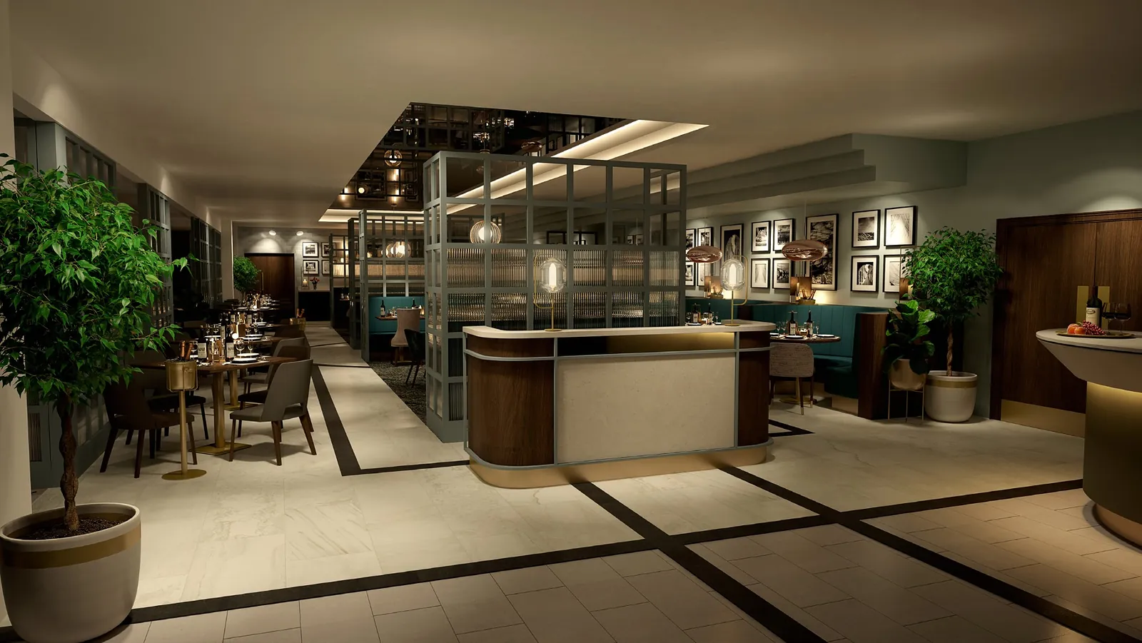 Restaurant entrance and dining room