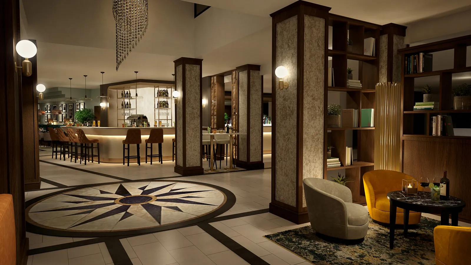 Lounge and bar, compass floor inlay and bespoke shelving