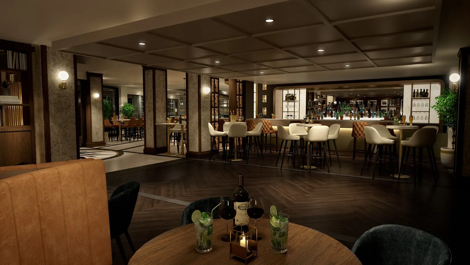 Grand bar, herringbone floor and backlit back bar