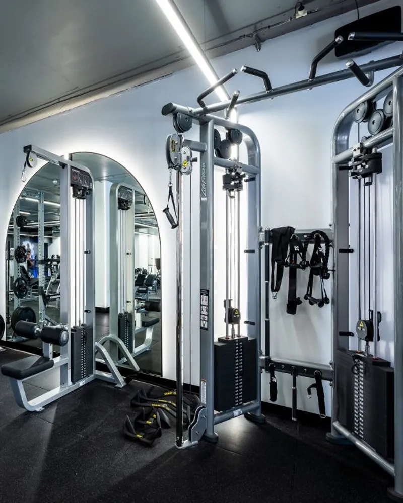 Arched mirror wall and cable rigs, detail