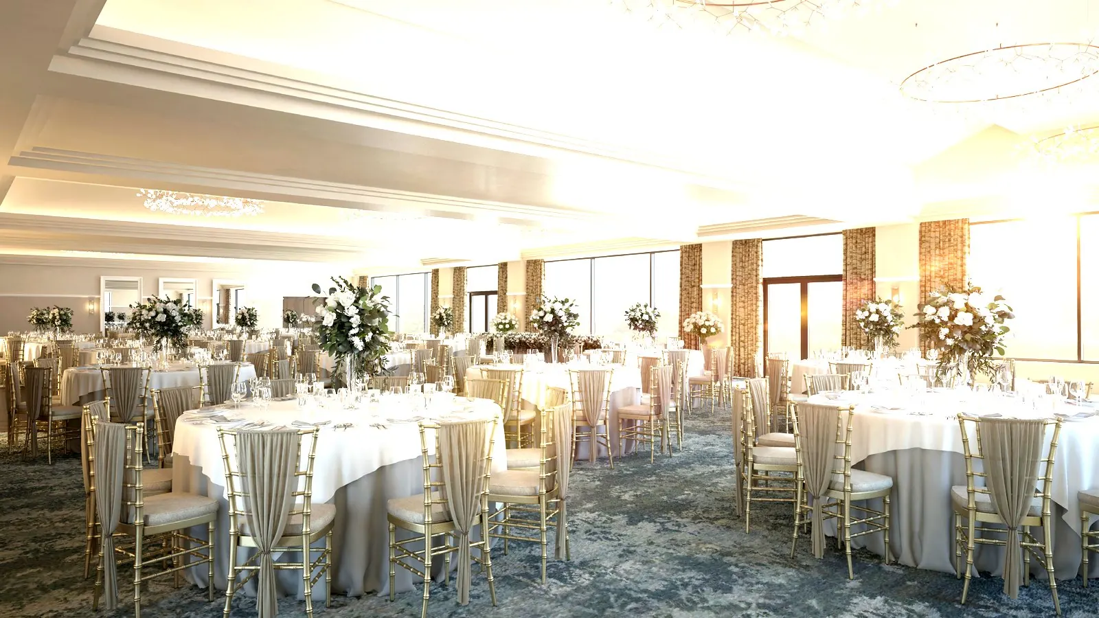 Event ballroom with ceiling detailing and feature lighting