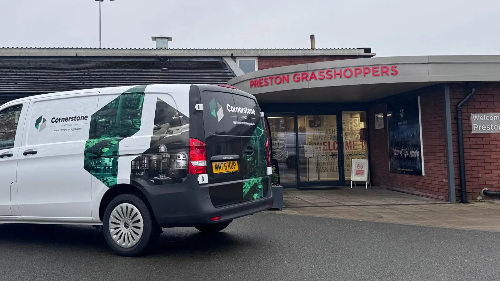 Cornerstone Fitout van outside the entrance to Preston Grasshoppers