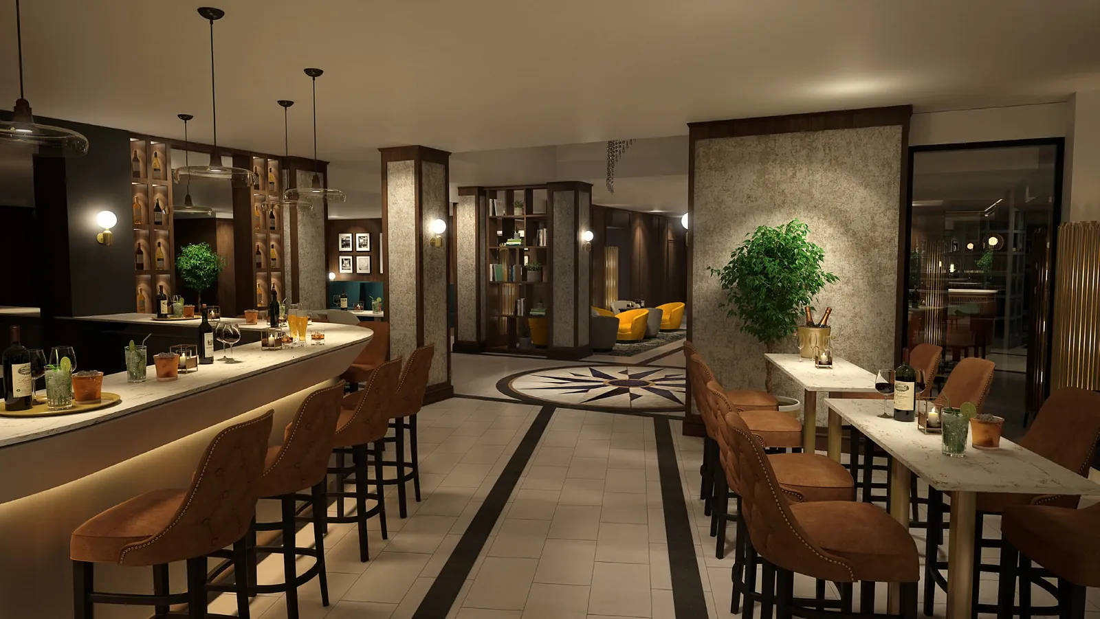 Crow Wood cocktail bar with compass floor inlay and marble top