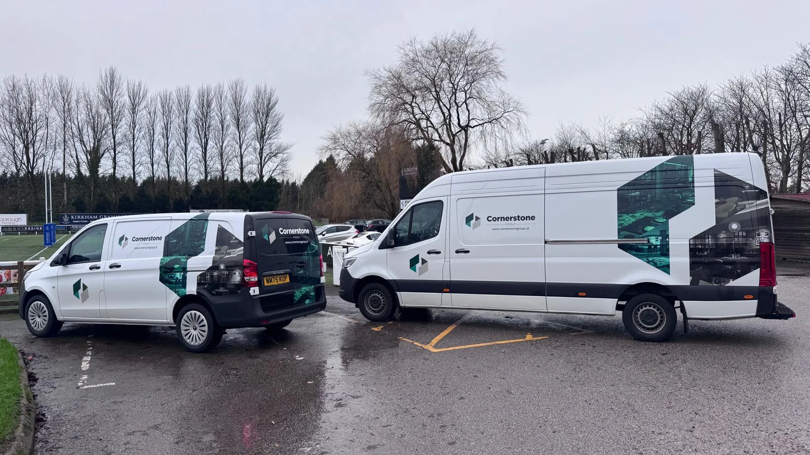 Two Cornerstone Fitout vans on site at Preston Grasshoppers