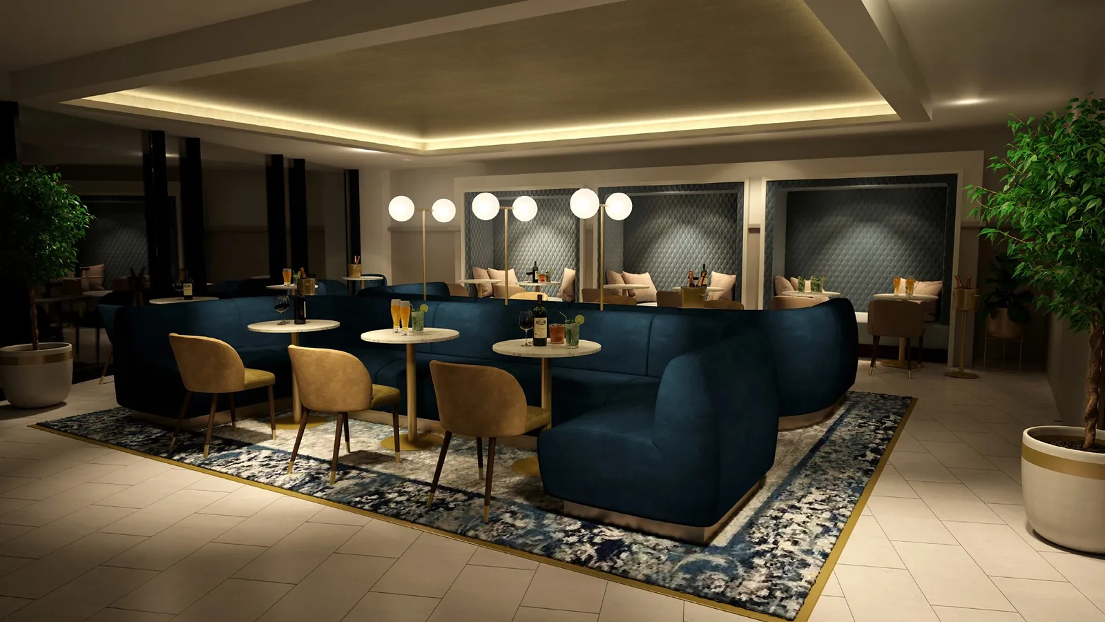 Lounge, velvet banquettes and quilted booths
