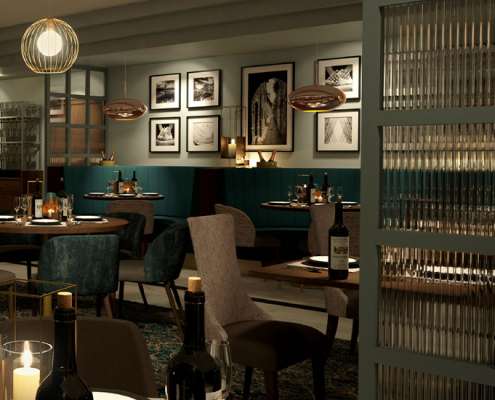 A view inside a restaurant with a blue and grey theming, and eclectic decorations, before opening.